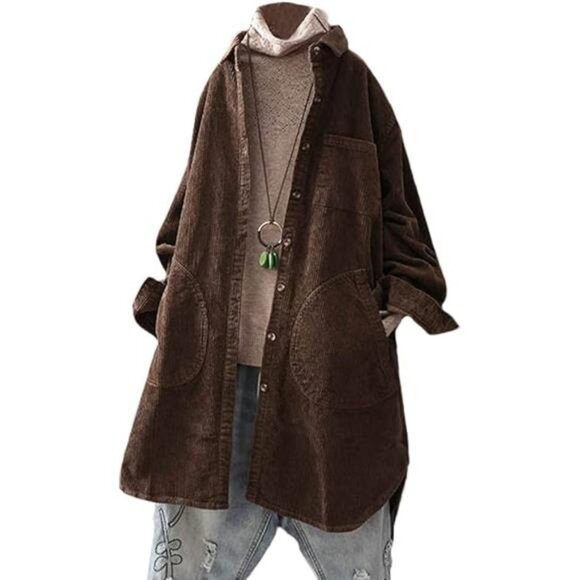 Women's Corduroy Shirt Coats Long Sleeve Button Down Blouses Tops with Pockets - Picture 7 of 7